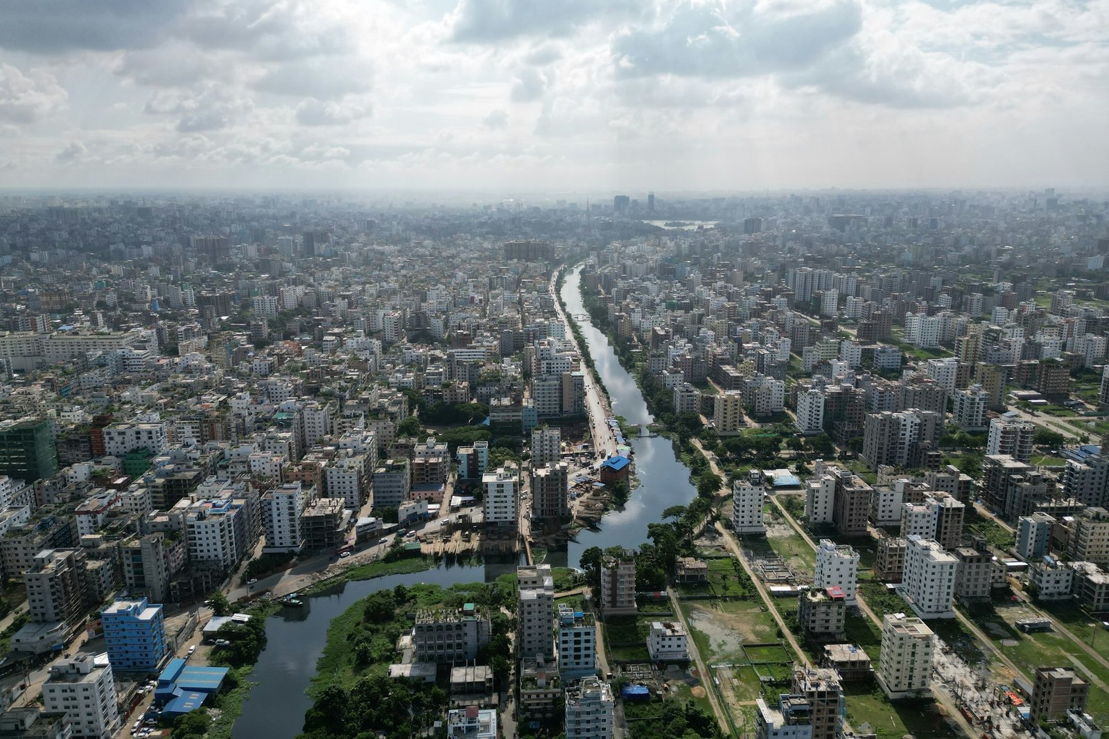 Aerial view of Dhaka with a canal running through the city
