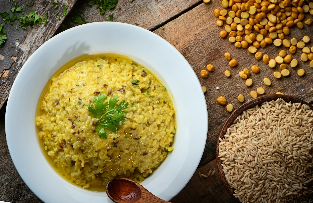 A plate of khichuri, rice and lentils cooked together